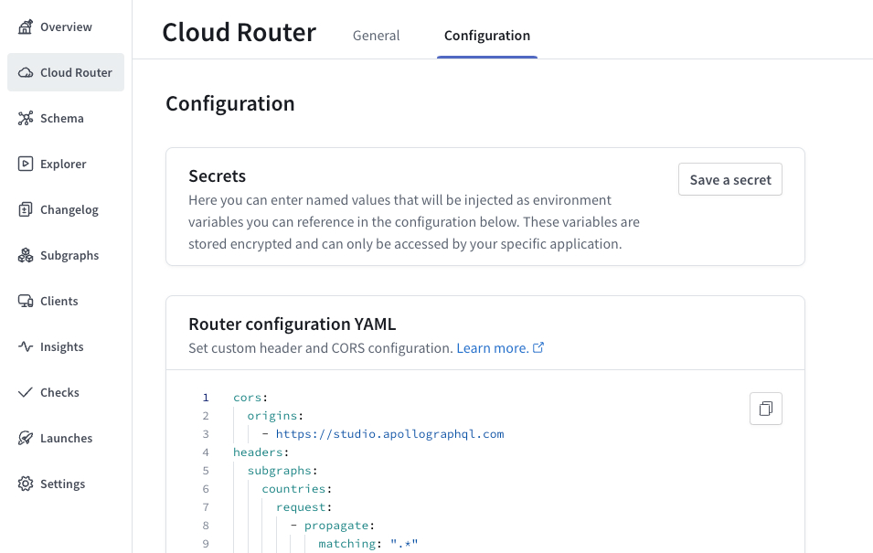 The Cloud Router page in GraphOS Studio